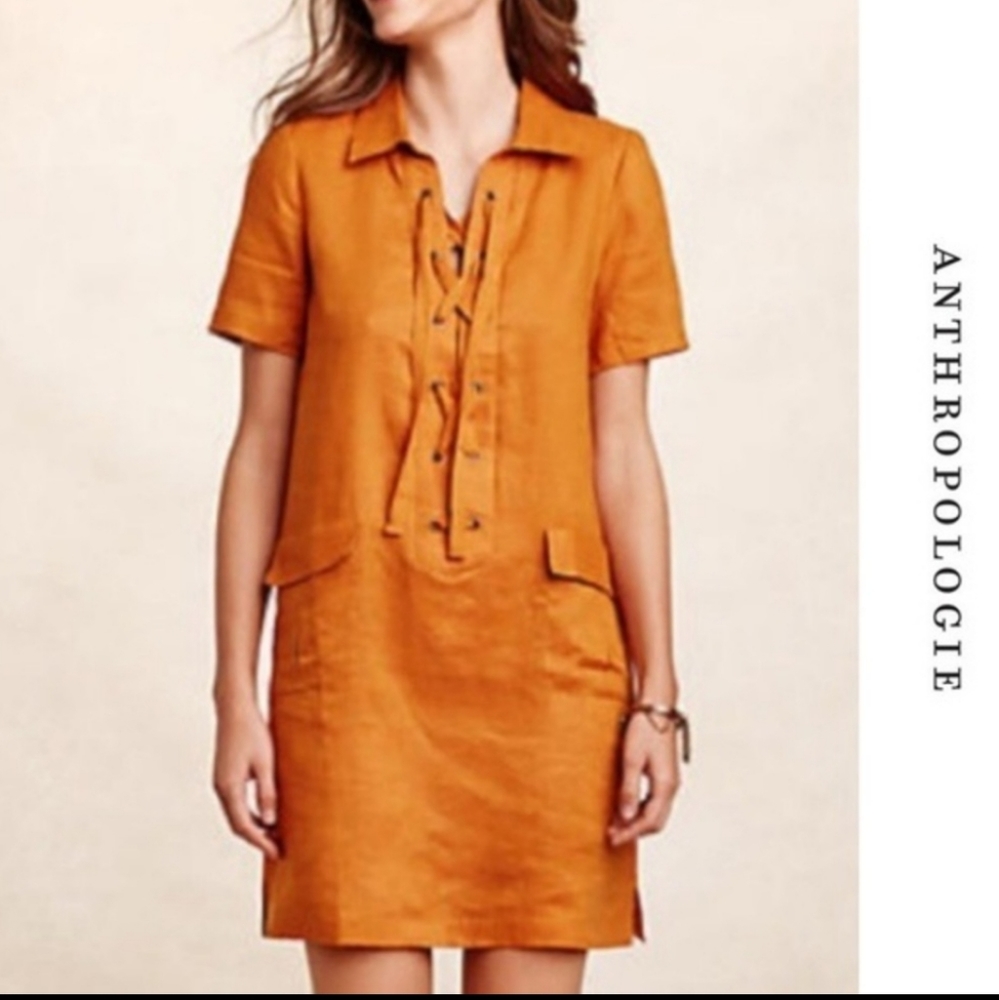 Anthropologie Maeve 100% Linen Lace-Up Dress Size 0 Shift Dress Orange Yellow